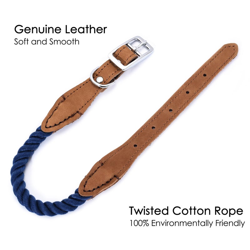 Mile High Life Rope Dog Collar | Durable Braided Cotton Rope Collars | Genuine Leather Dog Collar w Metal Pin Buckle | Classic Puppy Collars for Large Dog (Navy) - Image 5